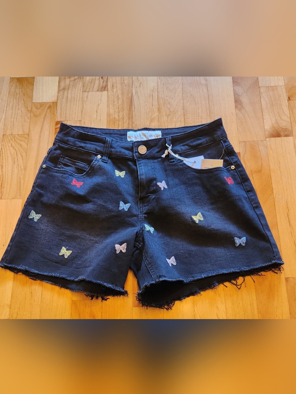 Women's Black Denim Shorts with Embroidered Multicolour Butterflies